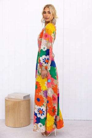 Florencia - Vestido Maxi Floral com Mangas Bufantes