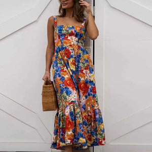 Vestido longo com decote quadrado e estampa floral vibrante
