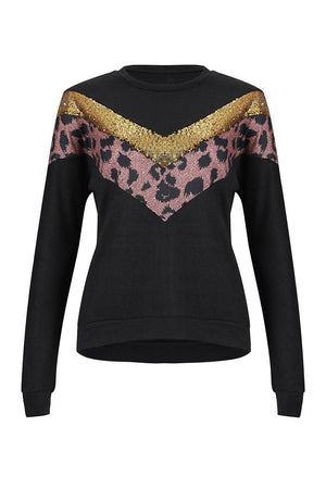 Blusa de manga larga con estampado de leopardo y lentejuelas