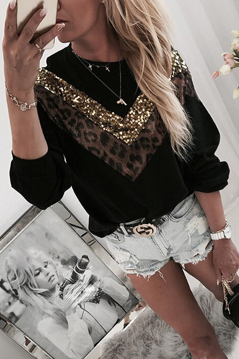 Blusa de manga larga con estampado de leopardo y lentejuelas